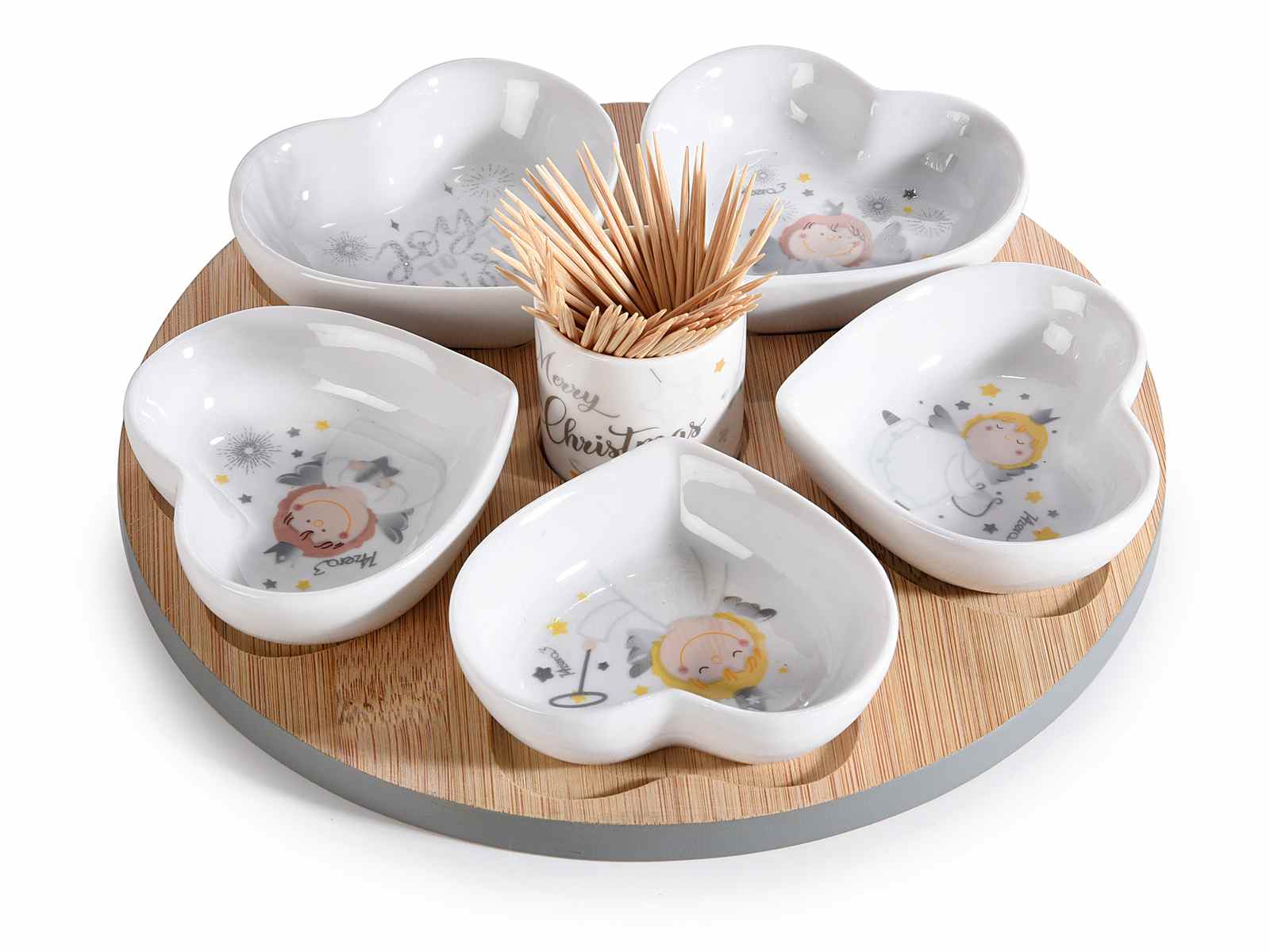 Aperitif set 6 porcelain bowls on wooden tray (51.48.34) - Art