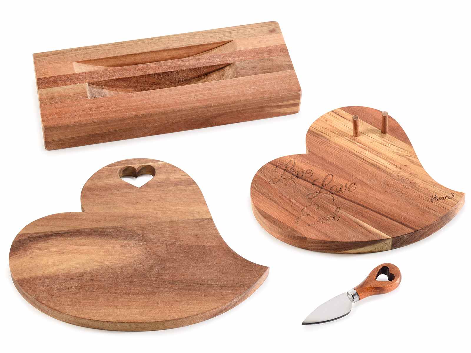 Set 2 taglieri in legno di acacia a cuore su base c/coltello (51.53.43) -  Art From Italy