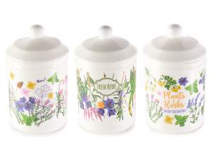 Borcan alimentar din ceramică albă cu imprimeu de ierburi