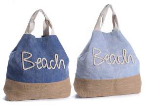 Bolso de tela efecto jeans y yute con asas y escritura Beach