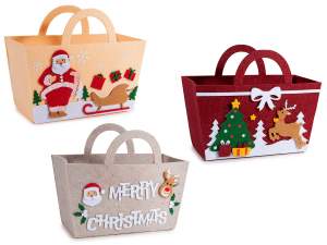 Bolso, cesta de tela, adornos navideños y asas