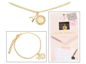 Bracelet double pendentif en métal avec strass et lettre - A