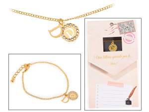 Bracelet double pendentif en métal avec strass et lettre - D