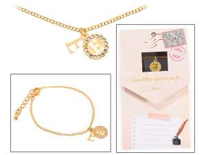 Bracelet double pendentif en métal avec strass et lettre - E