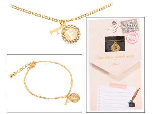 Bracelet double pendentif en métal avec strass et lettre - F