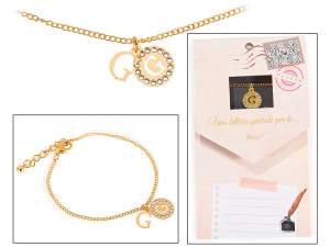 Bracelet double pendentif en métal avec strass et lettre - G