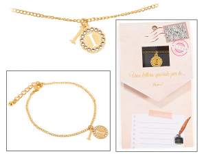 Bracelet double pendentif en métal avec strass et lettre - I