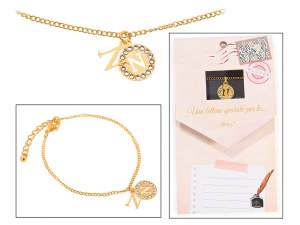 Bracelet double pendentif en métal avec strass et lettre - N