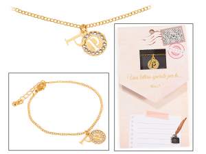 Bracelet double pendentif en métal avec strass et lettre - P