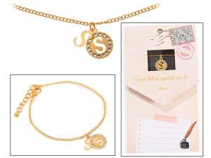 Bracelet double pendentif en métal avec strass et lettre - S