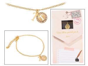 Bracelet double pendentif en métal avec strass et lettre - T