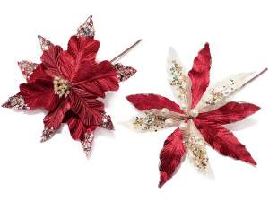 Wholesalers poinsettia red velvet glitter pick