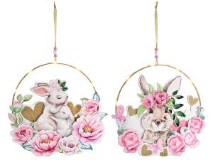 Décoration suspendue en métal avec lapin en bois et lumières