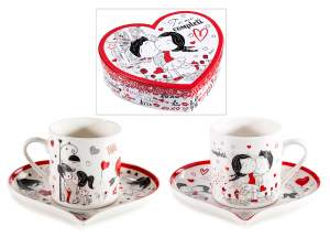 Set forma corazón con 2 tazas de 80 ml y platillos porcelana