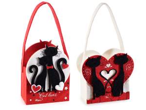 Borsetta in panno con gatti neri, cuori in rilievo e manici
