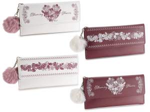 Portafoglio donna similpelle stampa rose e cuori e pompon