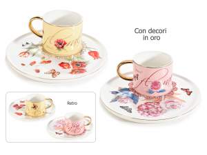 Tazzina 200ml e piattino in porcellana con decori in oro