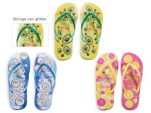 Paio infradito donna stampa frutti estivi e stringa glitter