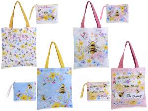 Set borsa e pochette in stoffa stampata fiori e api