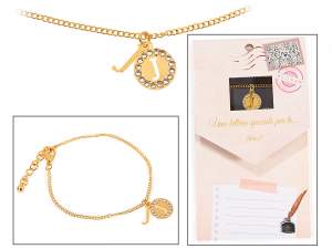 Bracciale metallo doppio pendente con strass e lettera - J
