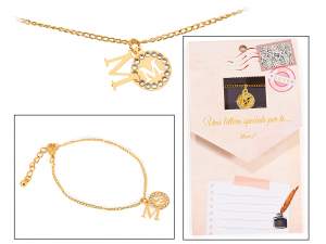 Bracciale metallo doppio pendente con strass e lettera - M