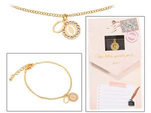 Bracciale metallo doppio pendente con strass e lettera - O