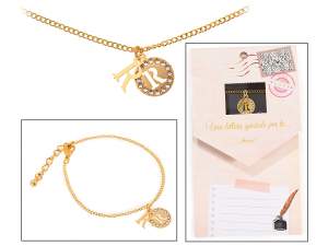 Bracciale metallo doppio pendente con strass e lettera - R