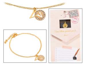 Bracciale metallo doppio pendente con strass e lettera - V