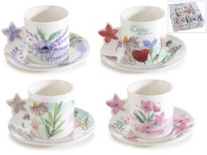 Conf. 2 tazzine e piattini porcellana 80ml decori floreali