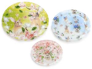 Set 3 piatti tondi in vetro decorato con stampe coniglietti