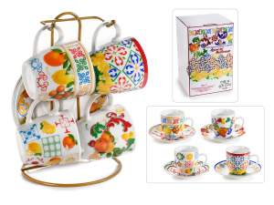Set 4 tazzine porcellana 80 ml con piattino decoro agrumi