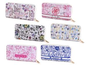 Portafoglio donna in similpelle con zip e stampa floreale
