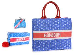 Set tote bag astuccio e portamonete blu stampa ''Bonjour''