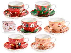 Tazza tè in porcellana decorata c/piattino e scat. regalo