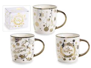 Tazza porcellana decori natalizi simil oro in scatola regalo