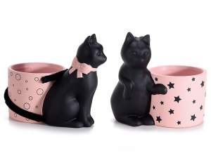 Vasetto in ceramica con gatto e coda in eco-pelliccia