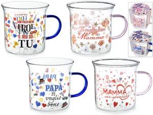 Mug en verre de 350 ml avec motif « maman et papa » et anse