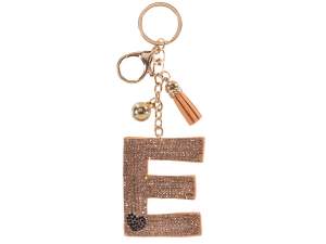 Breloque / porte-clés lettre E bronze avec strass et pompon
