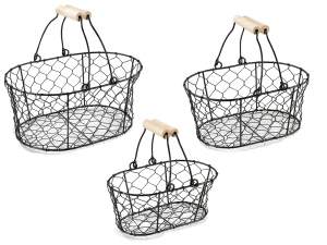 wholesaler black metal baskets wooden handles