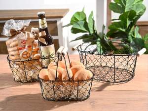 wholesaler black metal baskets wooden handles