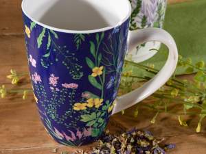 Set 2 tazze con piattino in ceramica e filtro per tisane in metallo