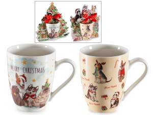 Taza navideña con diseño de perro y gato