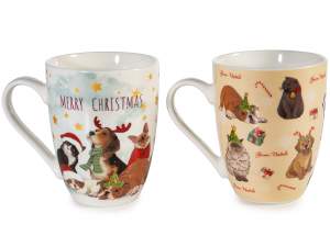 Taza navideña con diseño de perro y gato