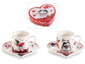 Set regalo 2 tazas 90 ml y platillos porcelana forma corazón