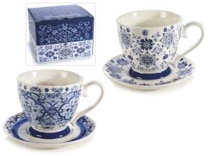 Tazza in porcellana 400 ml con piattino stampa maiolica blu