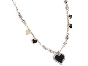 Metal necklace with lacquered hearts and rhinestones in card