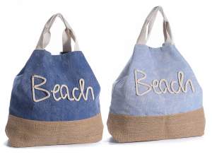 Cloth and jute bag denim effect w/handle ''Beach'' print