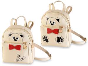Faux leather backpack with teddy bear print and bow