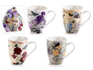 Porcelain mug with floral decorations in gift box