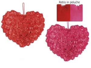 Heart cushion with fabric roses and plush back to hang